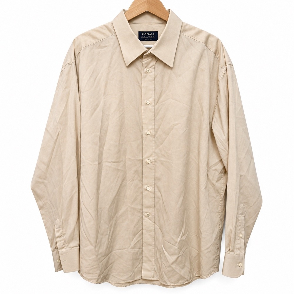 Canali Exclusive Collection Mens Beige Twill Dress Shirt Made in Italy Size 18